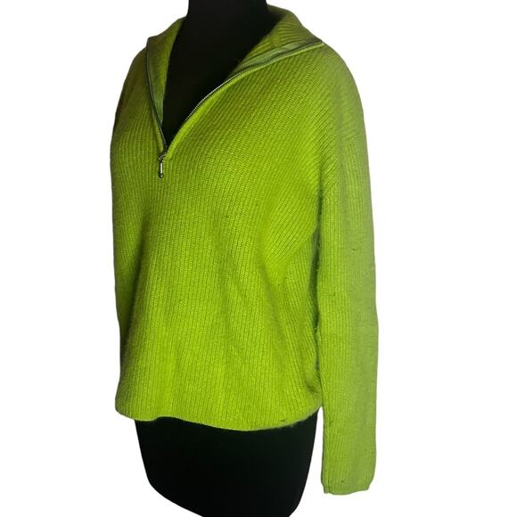 Vtg 90s Green Angora Rabbit Hair Cozy Fuzzy Ribbed 3/4 Zip Sweater Womens Size L - Picture 3 of 5